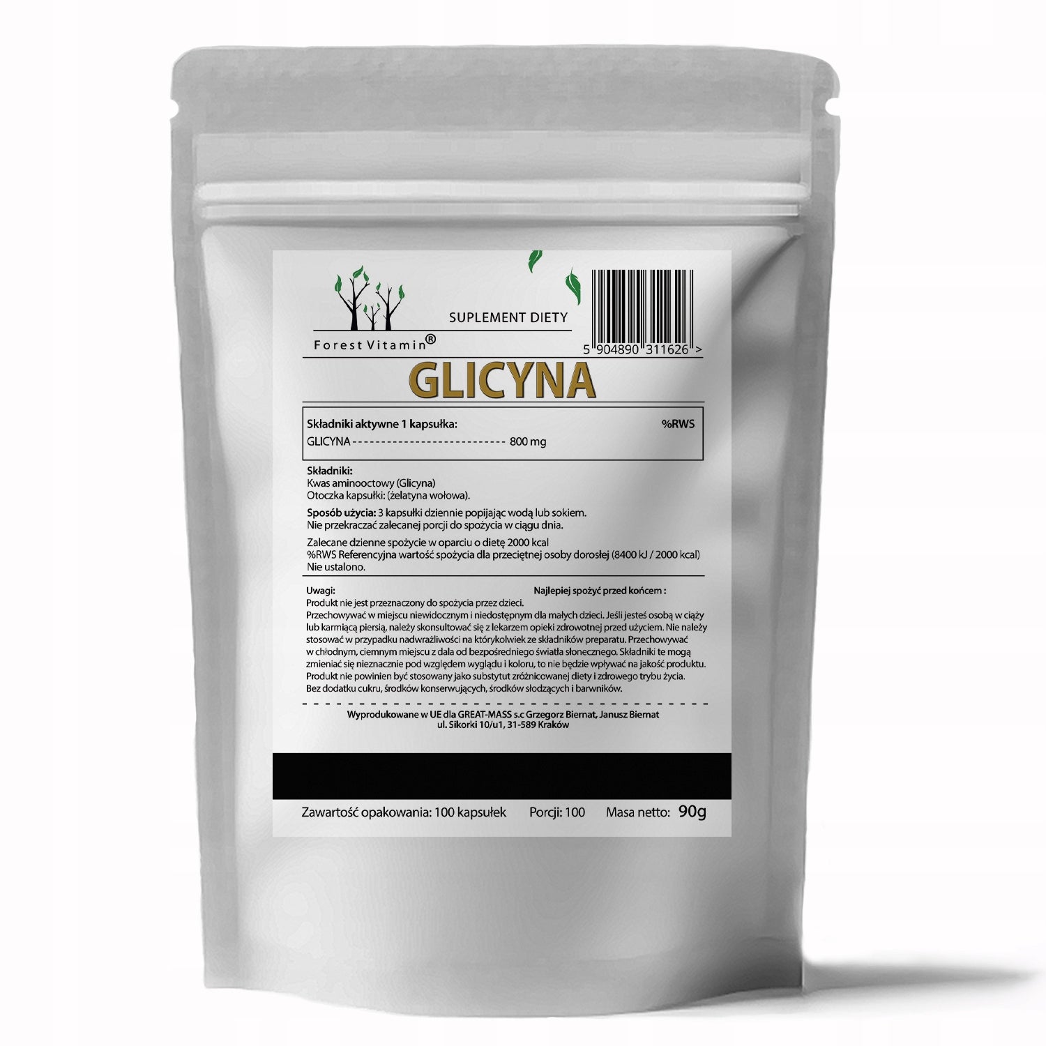 Glycine 800mg 100caps Aminoacetic acid AMINO ACID SUPER SLEEP REGENERATION QUALITY Brand Forest Vitamin