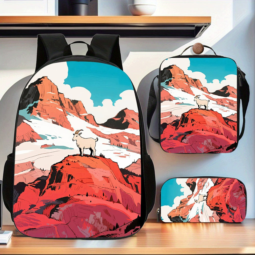 Goat 3-Piece Backpack Set: Large Capacity Computer Bag, Crossbody Bag, Pen Case