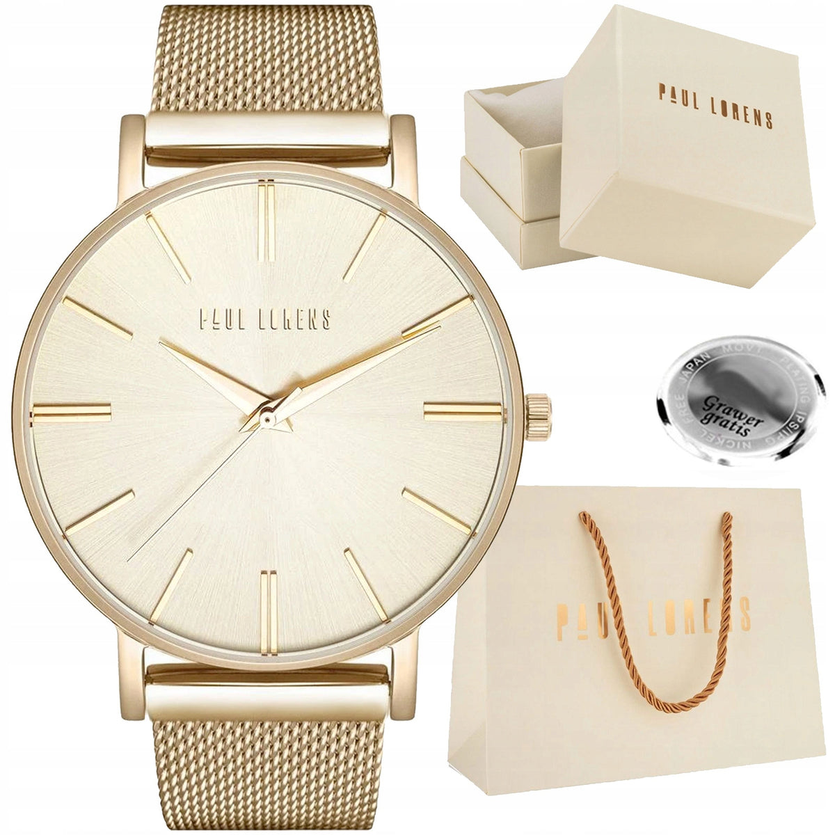 Gold LARGE Women's Watch Paul Lorens JULIE with Engraving+BOX and BAG