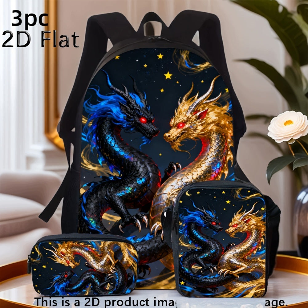 Golden Blue Contrast Double Dragon Backpack Set with Pencil Case and Crossbody Bag