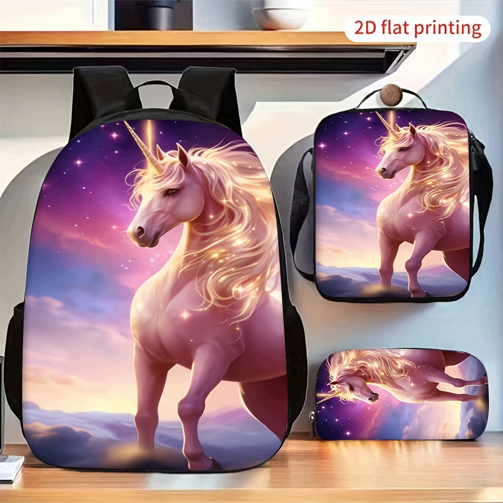 Golden Shiny Unicorn Purple Cloud Sky Backpack Set Crossbody Bag Pencil Pouch