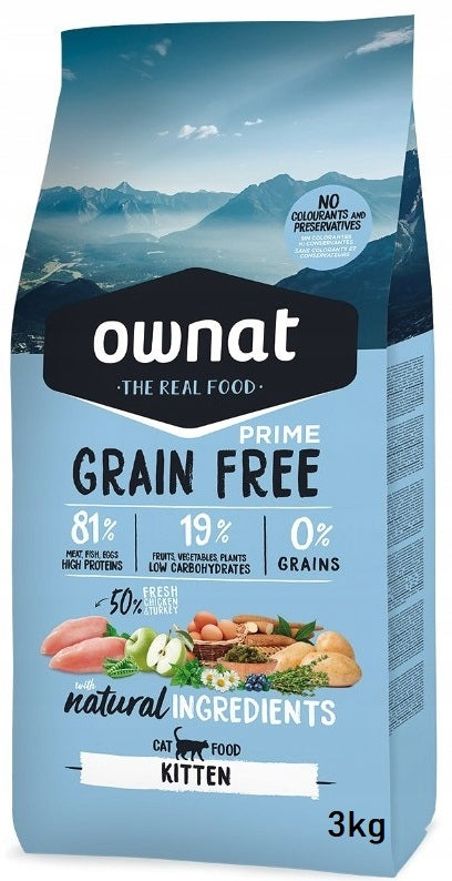 Grain-Free Dry Cat Food Ownat Kitten Prime Chicken Turkey 3kg