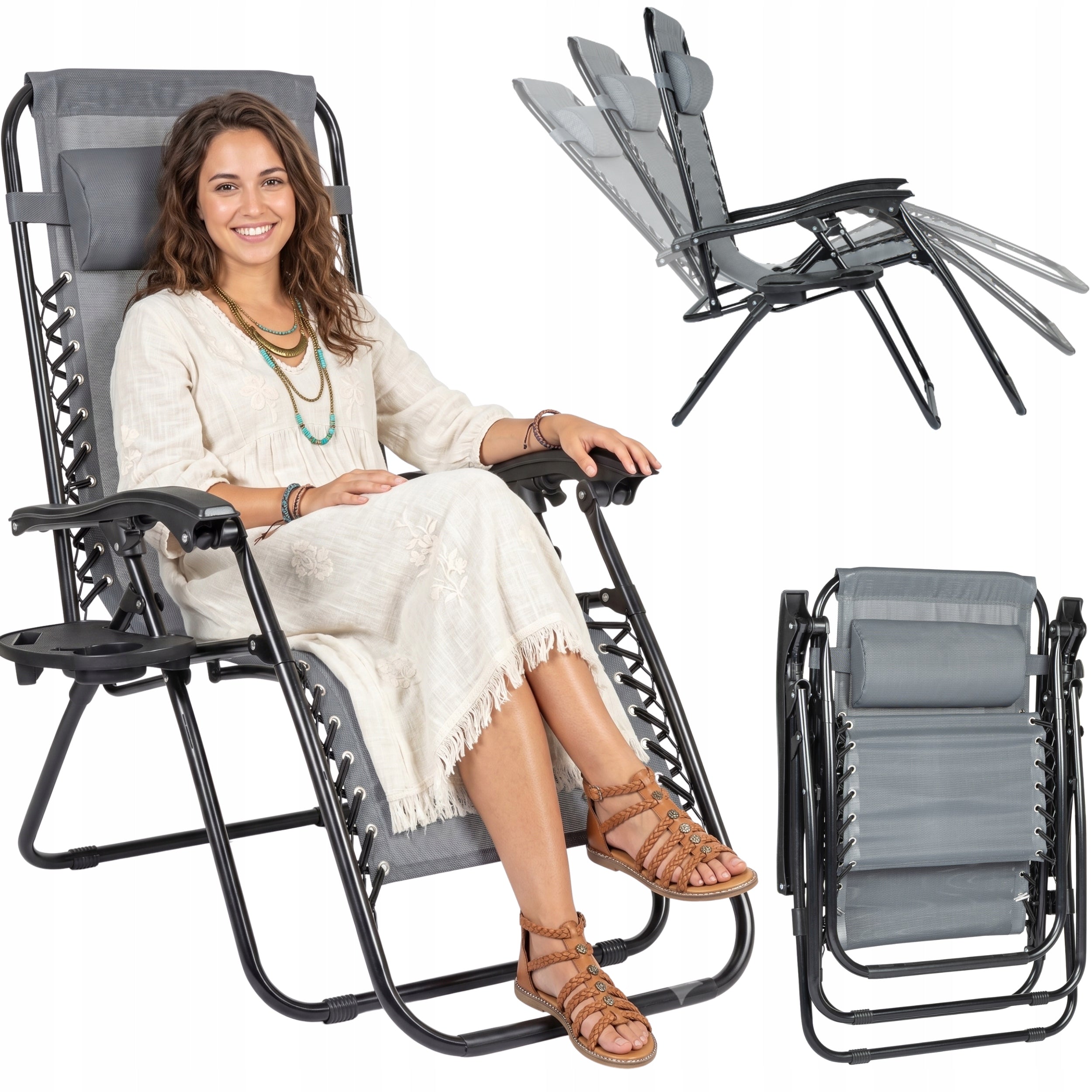 Gravity sun lounger garden chair gravity folding with handle FUNFIT grey