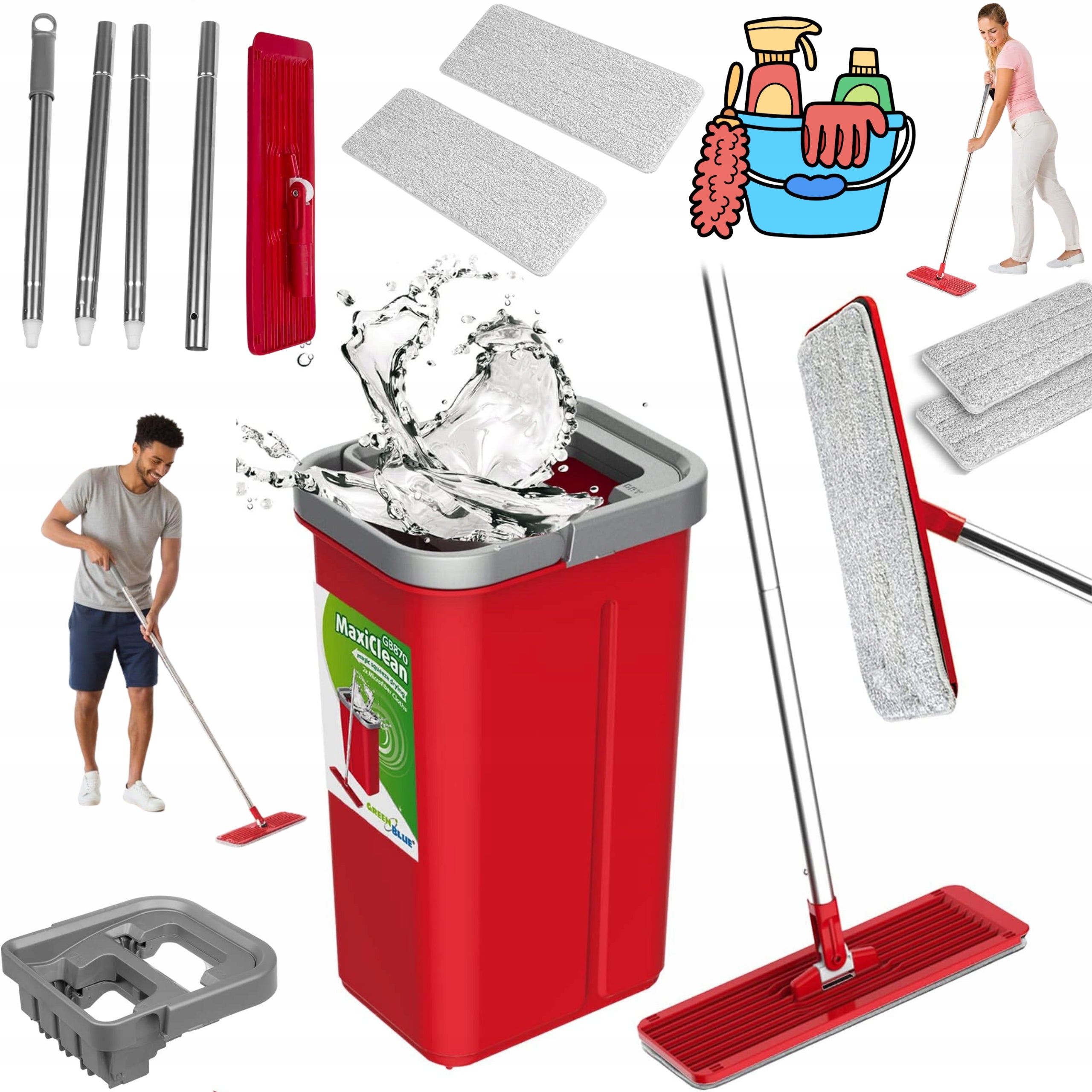 Green Blue MaxiClean GB870 FLAT Mop with BUCKET – WASHING WITHOUT STREAKS AND EFFORT
