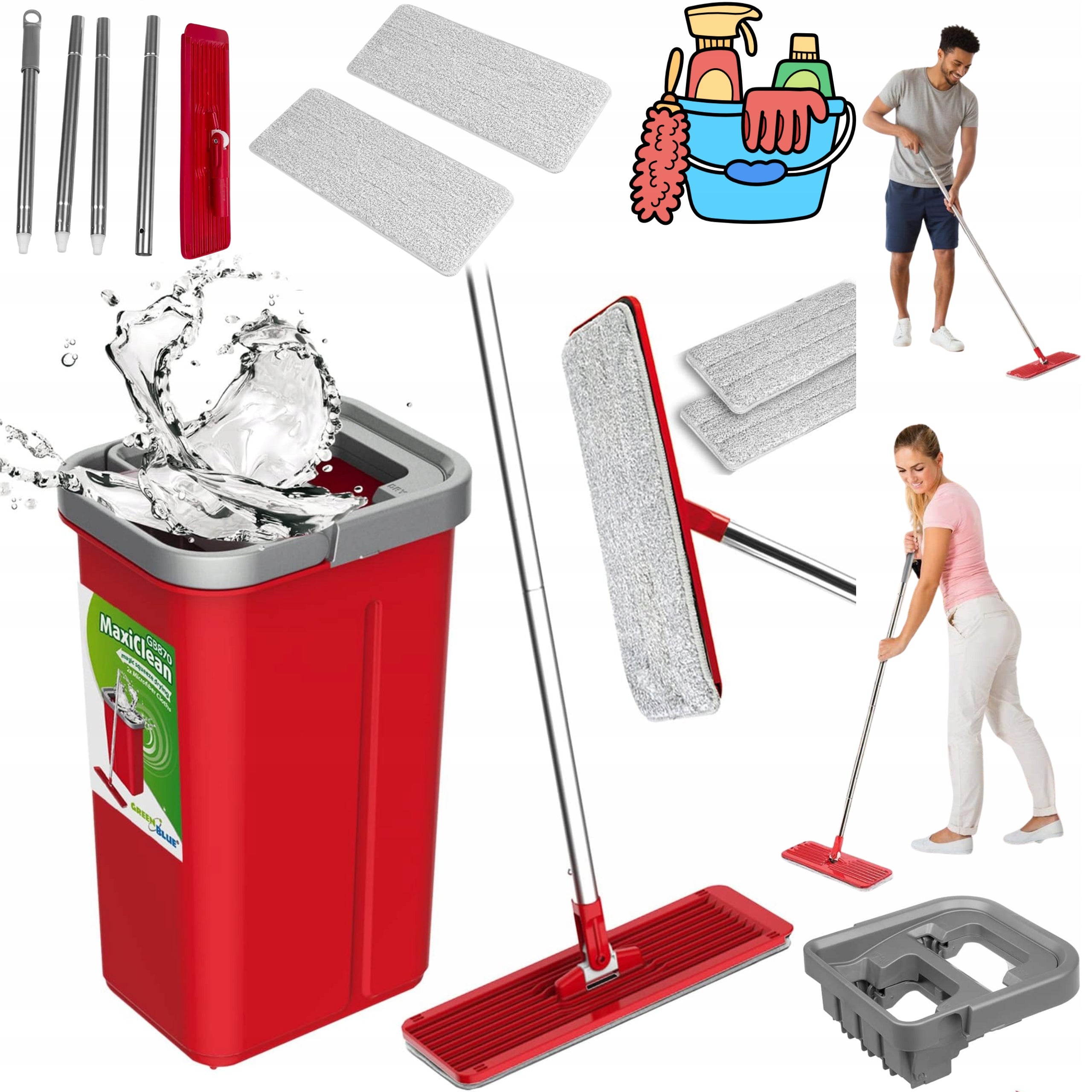 Green Blue MaxiClean GB870 Flat Mop with 2in1 Bucket – No Hand Soaking