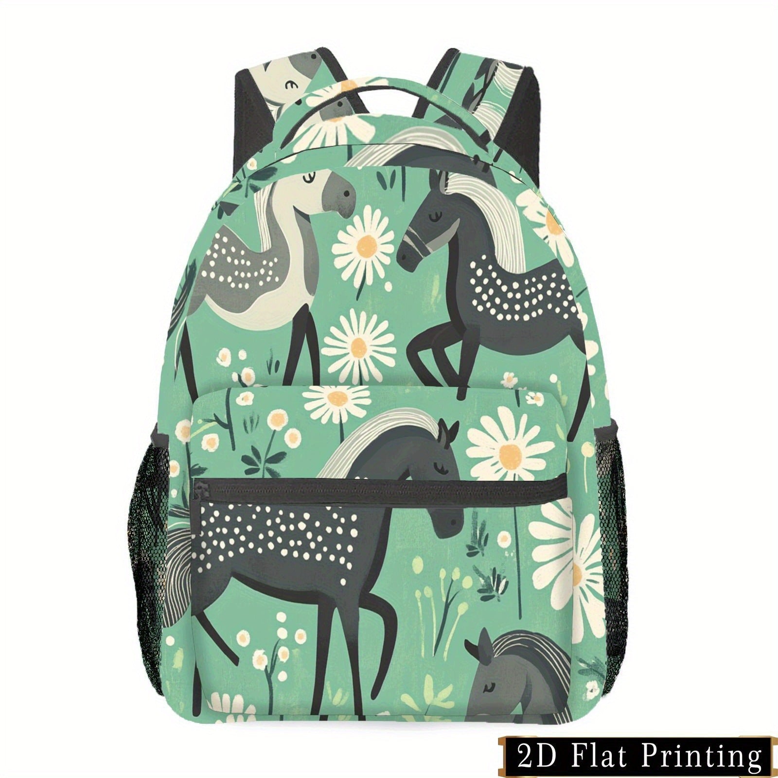 Green Print Backpack with Horse and Flower Pattern - Multi-Purpose for Commuting, Fitness, and More