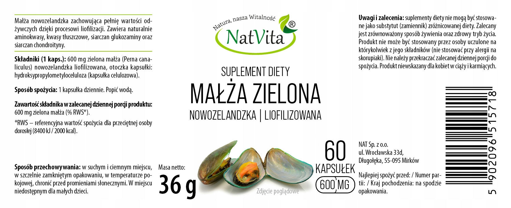 Green clam New Zealand freeze-dried capsules 600mg 60capsules NatVita Packaging status original