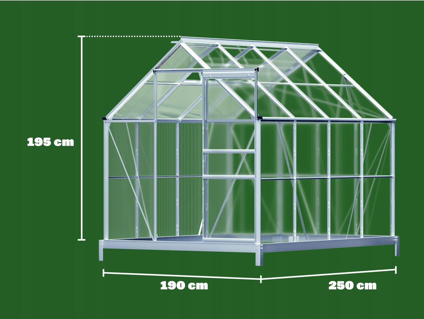 Greenhouse Polycarbonate Garden Tunnel Aluminum Sliding Door Foundation Product height 190 cm