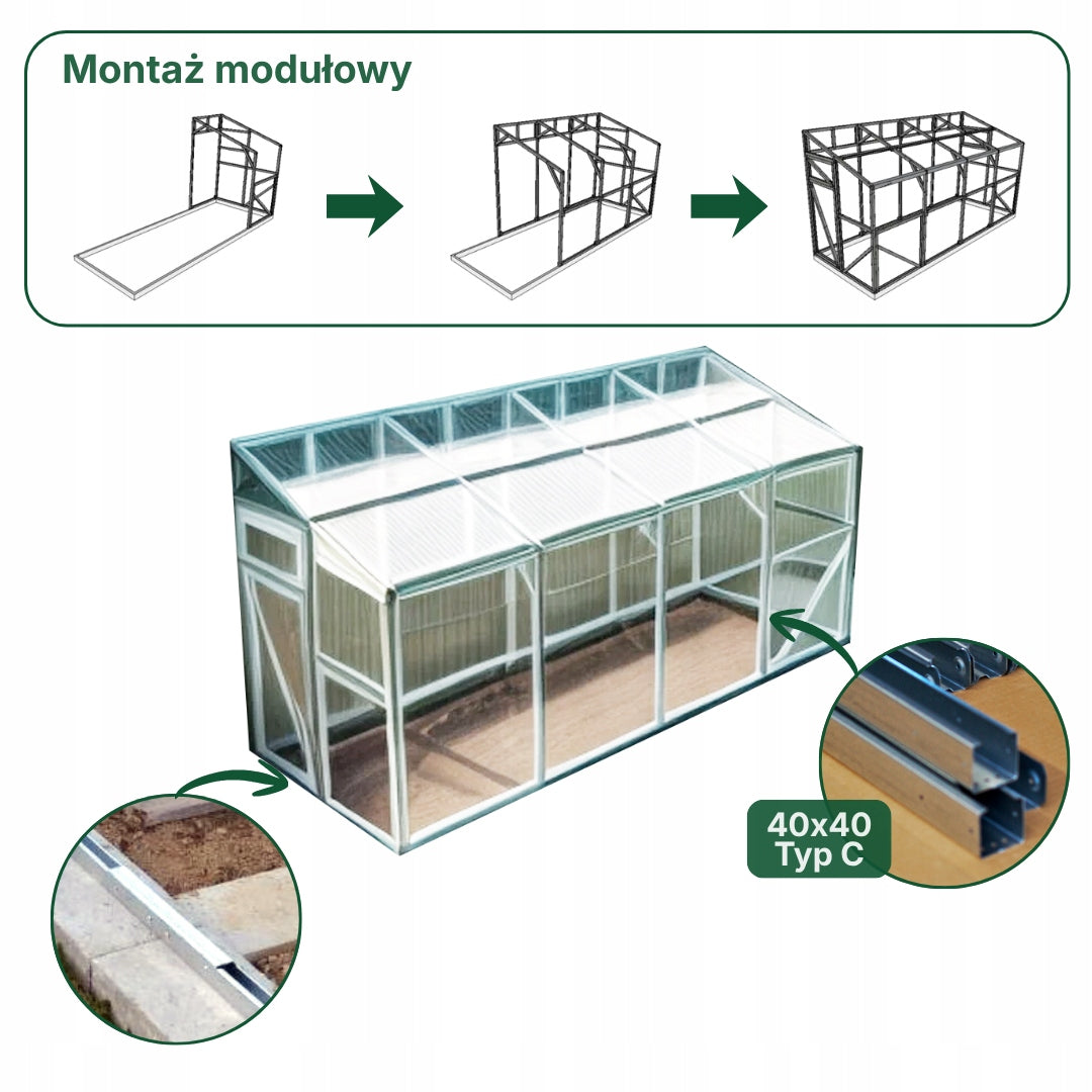 Greenhouse Wall Mounted 1,5x4m Polycarbonate 4mm Strong Profile 40x40mm Zinc Thickness 4 mm