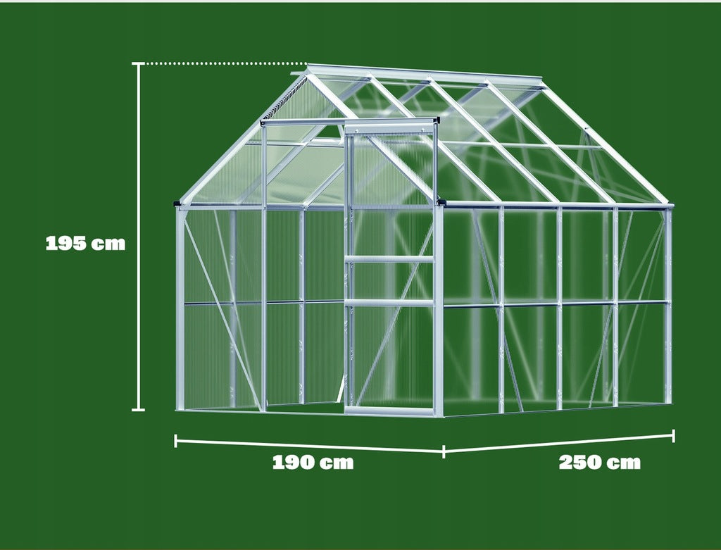 Greenhouse polycarbonate garden tunnel aluminum door window 7,6 m³ Length 2.5 m
