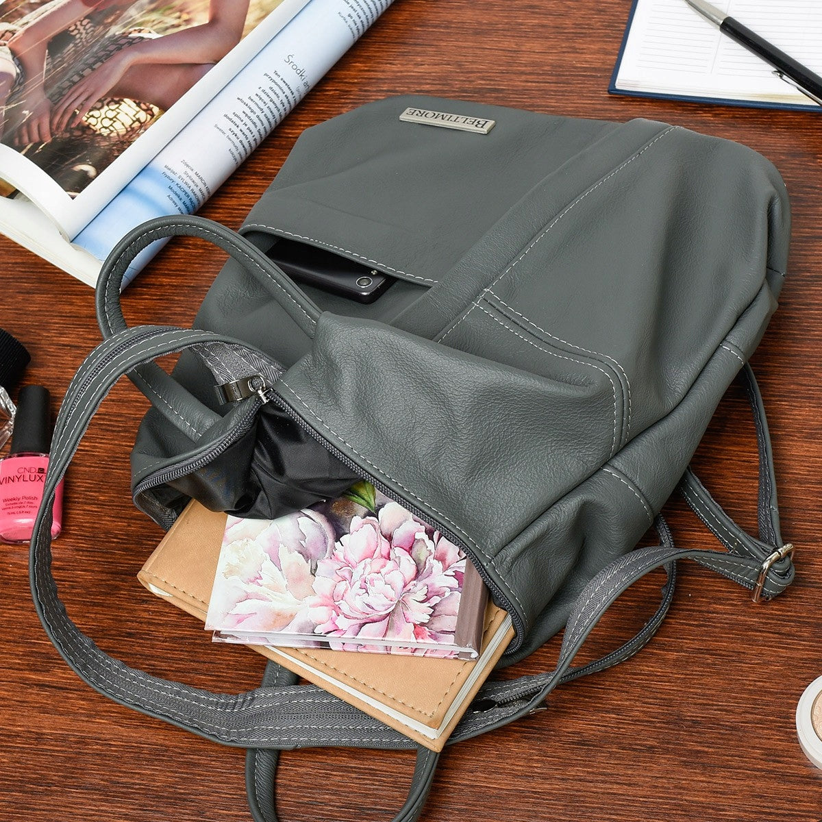 Grey Beltimore Women's Backpack Leather Triangle Spacious Q60 Packaging status original
