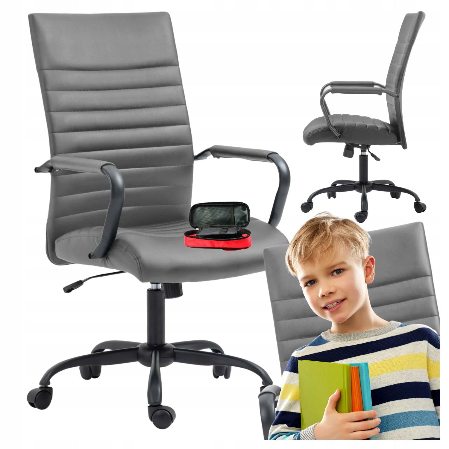 Grey Swivel Armchair for Computer with Armrests Office Eco Leather NEVA