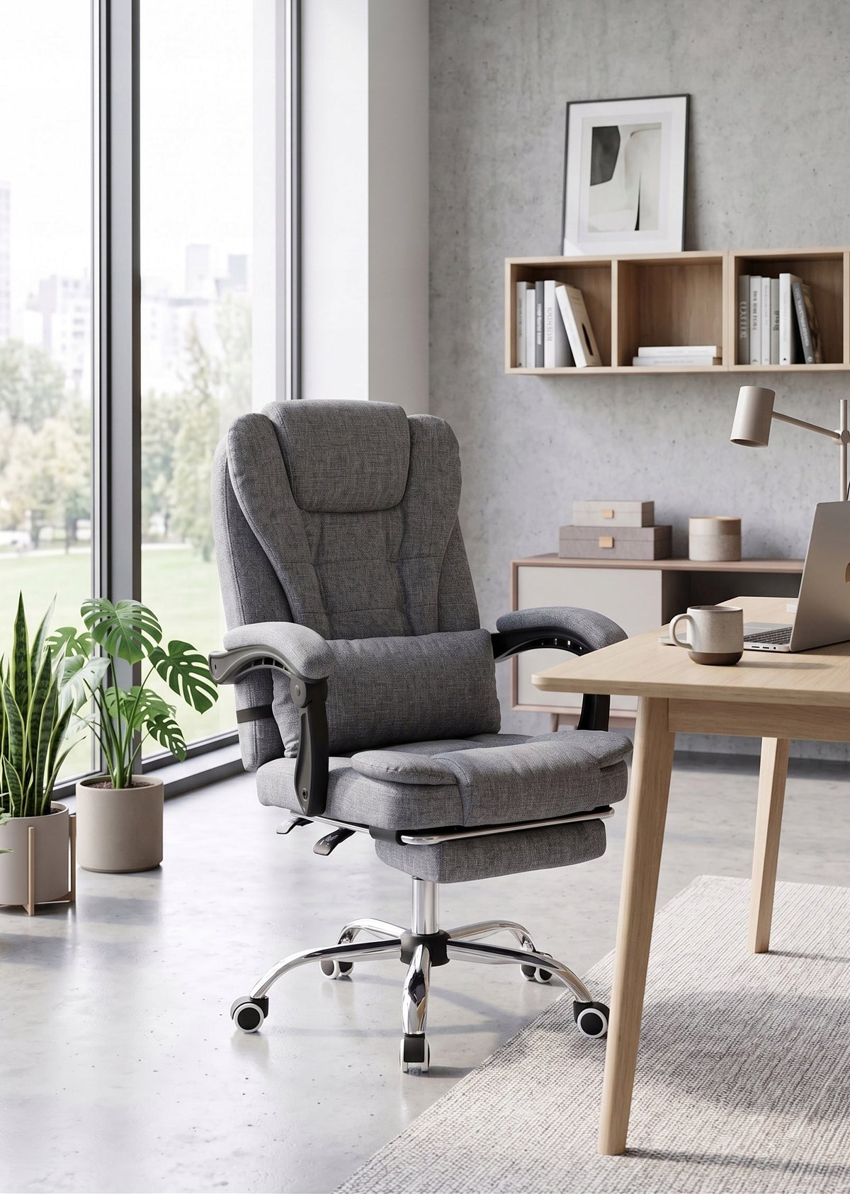 Grey material comfortable office chair with footrest and cushion NBR011-HT Packaging status original