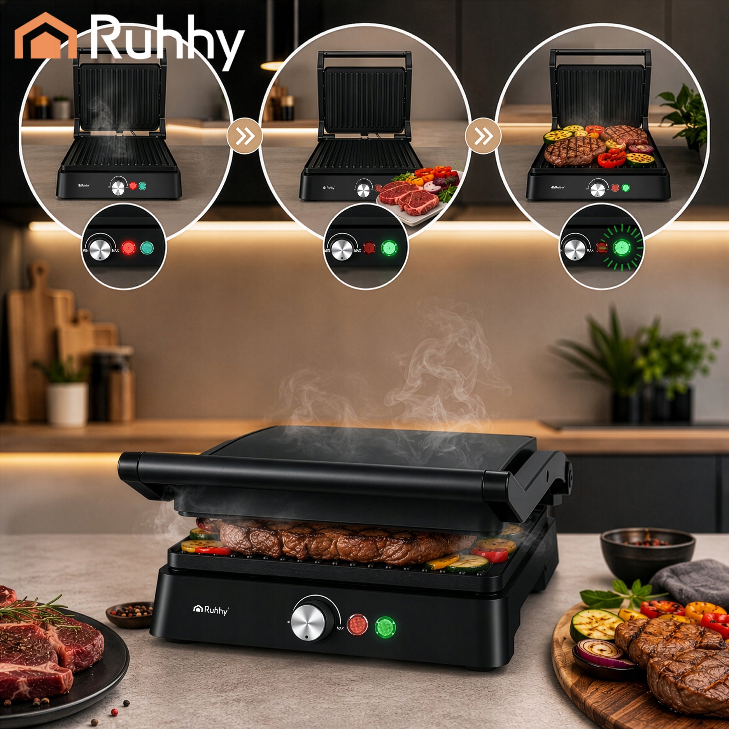 Grill Electric Toaster for Panini Toaster Sandwich Fold-out + Adjustable Manufacturer code Grill elektryczny/opiekacz 2000W Ruhhy 26176