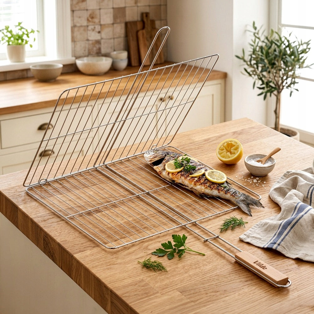 Grill grate fish meat vegetables basket closed steel grill 46x37 cm Packaging status original