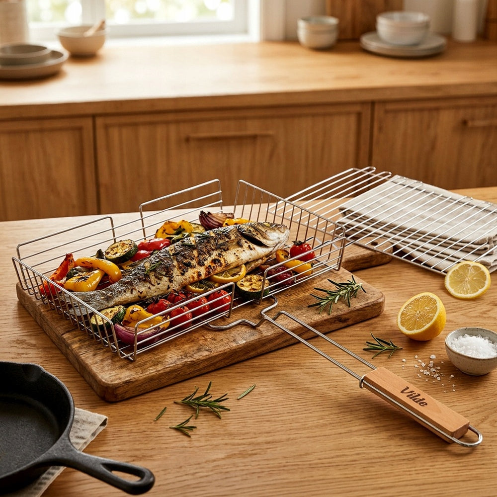 Grill grate fish meat vegetables basket lockable steel grille 41x28 cm Product width 41.5 cm