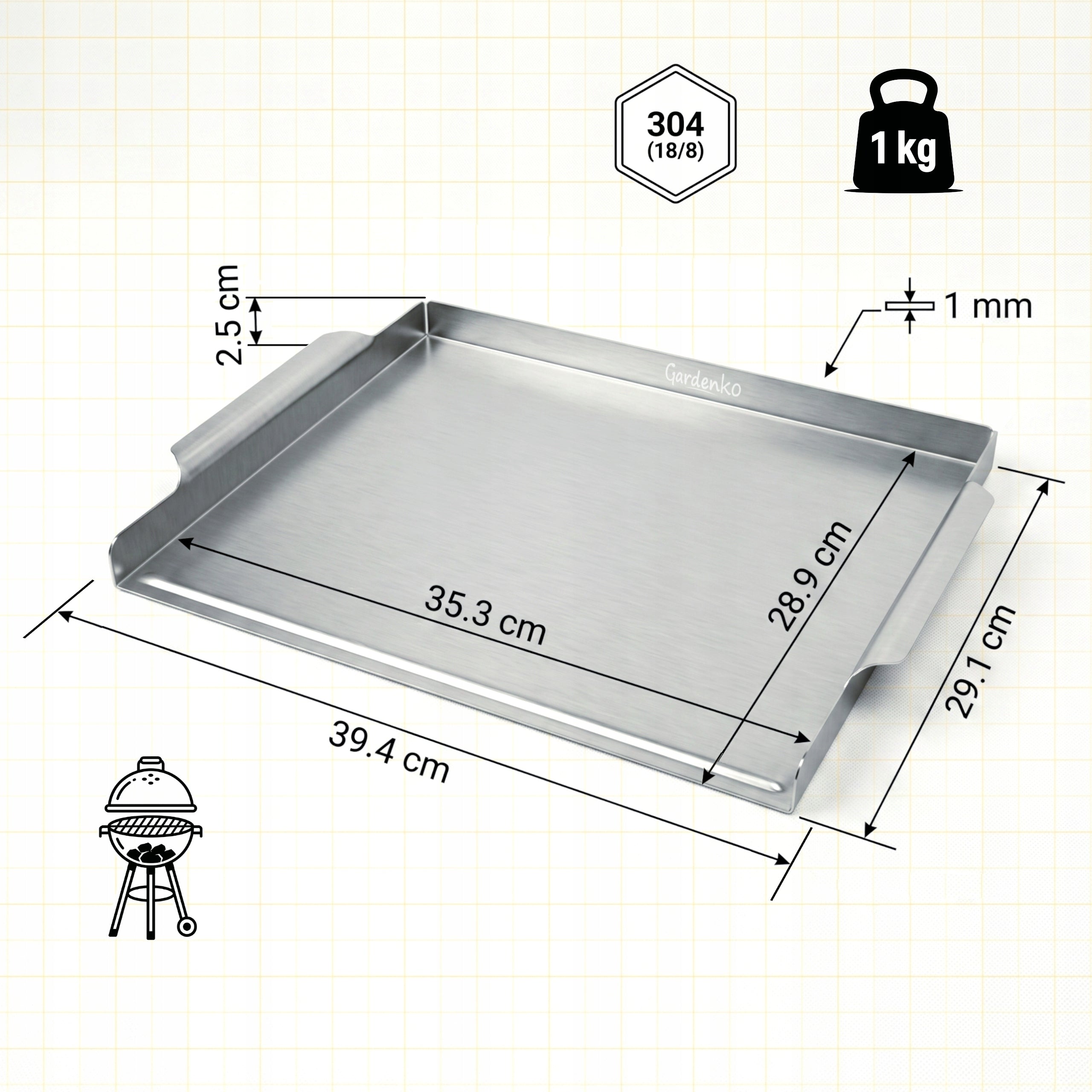 Grill plate stainless steel 39x29 cm Burger plate for grill Plancha Material stainless steel
