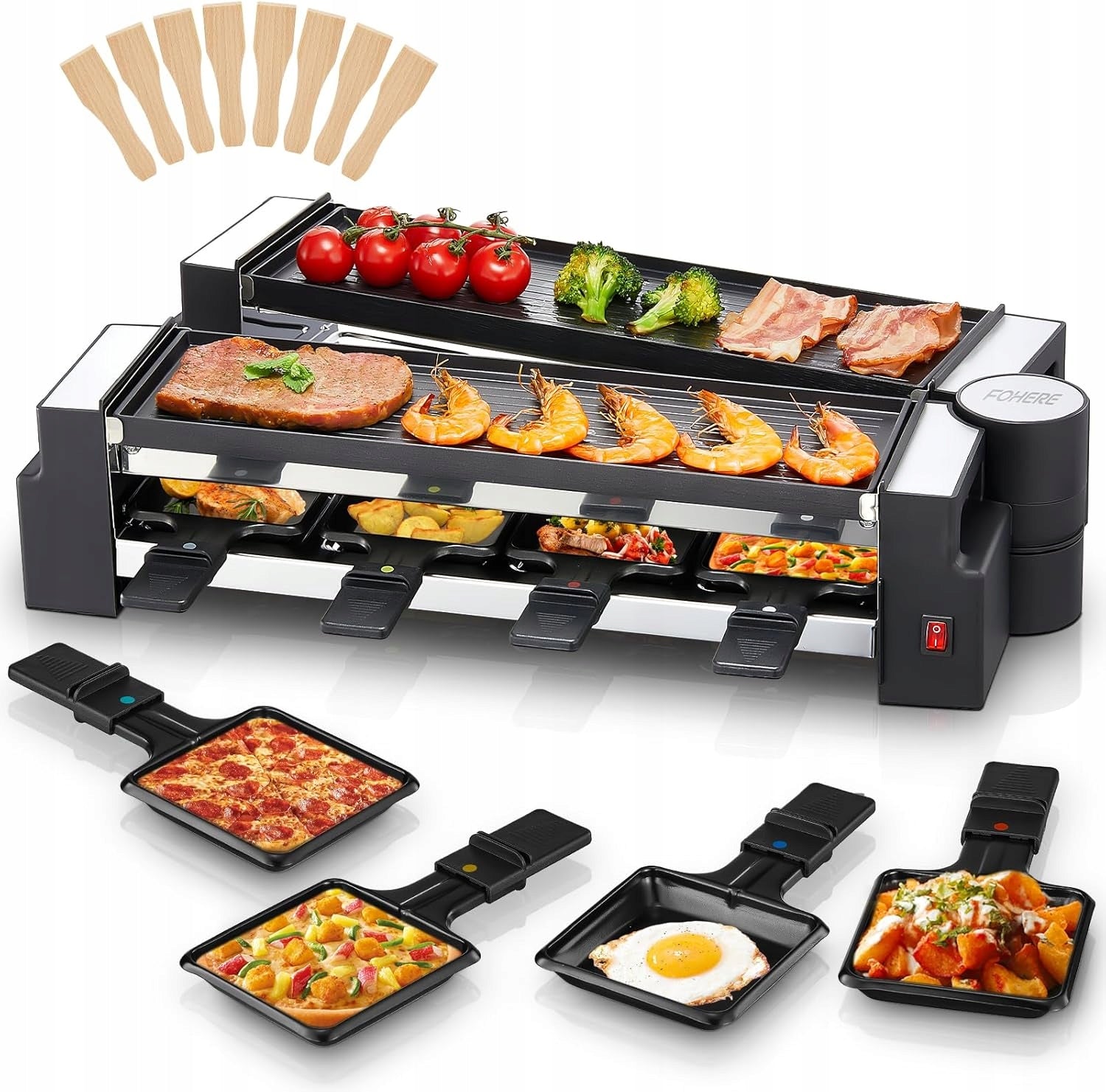 Grill raclette, for 8 people, with non-stick plate and 8 cheese plates