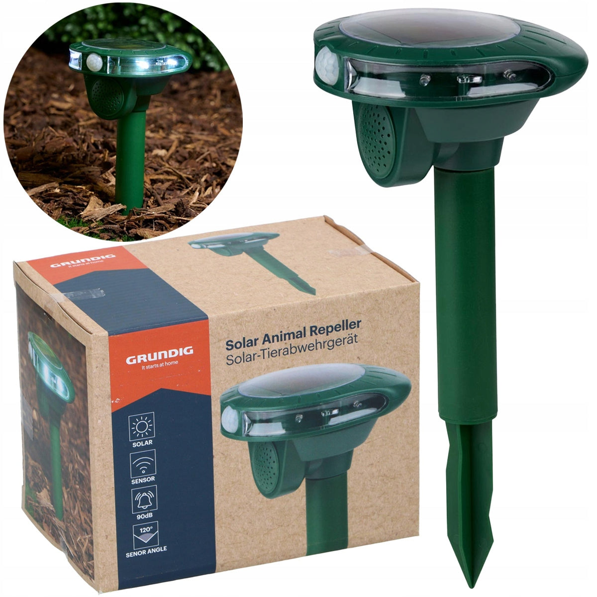 Grundig SOLAR ULTRASONIC ANIMAL REPELLENT with Motion Sensor Batteries included yes