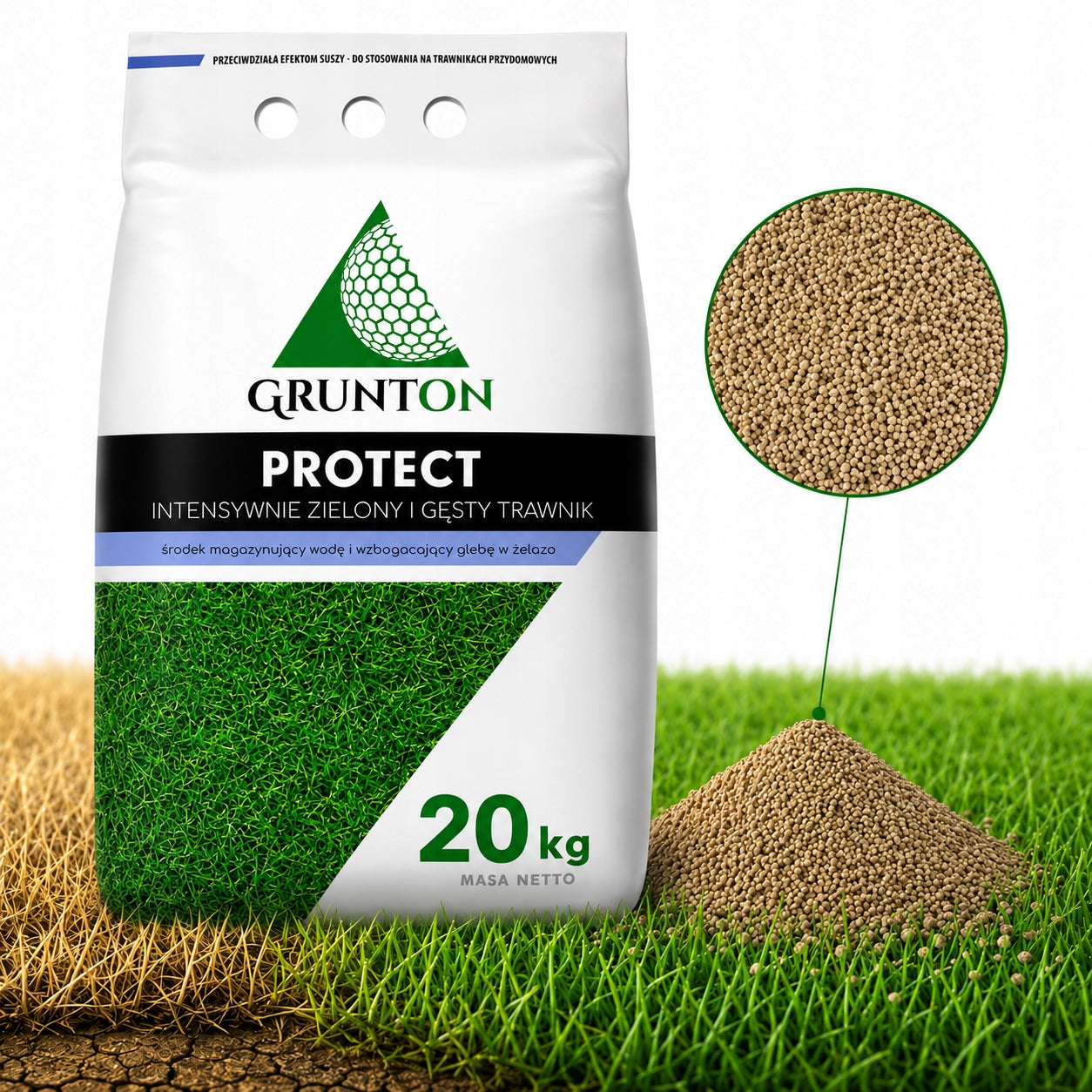 Grunton Protect 20kg Dry Grass Fertilizer and Moss HydroProtect with Iron Packaging status original