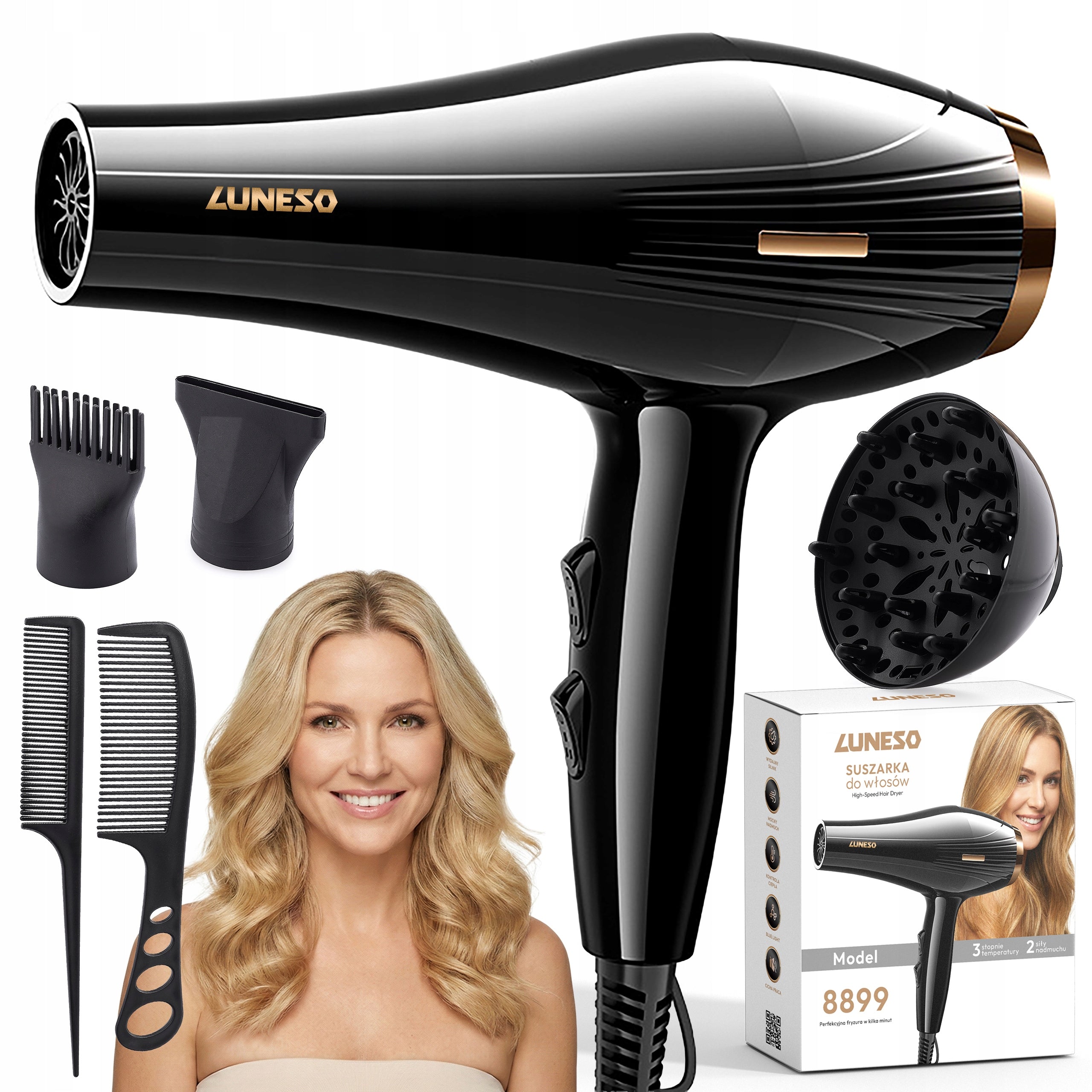 HAIR DRYER ionization diffuser concentrator cold air Luneso STRONG