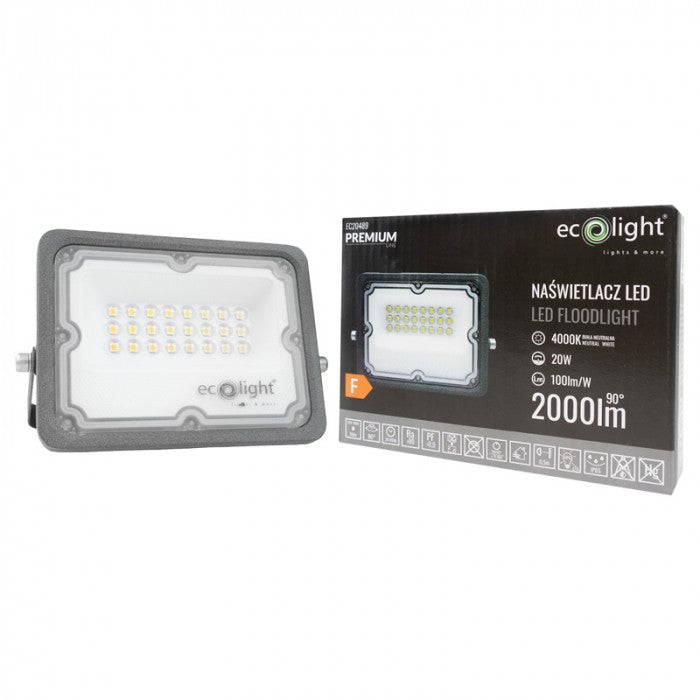 HALOGEN NEUTRAL LED FLOODLIGHT 20W 4000K 2000LM BLACK ECOLIGHT IP65 Brand Ecolight