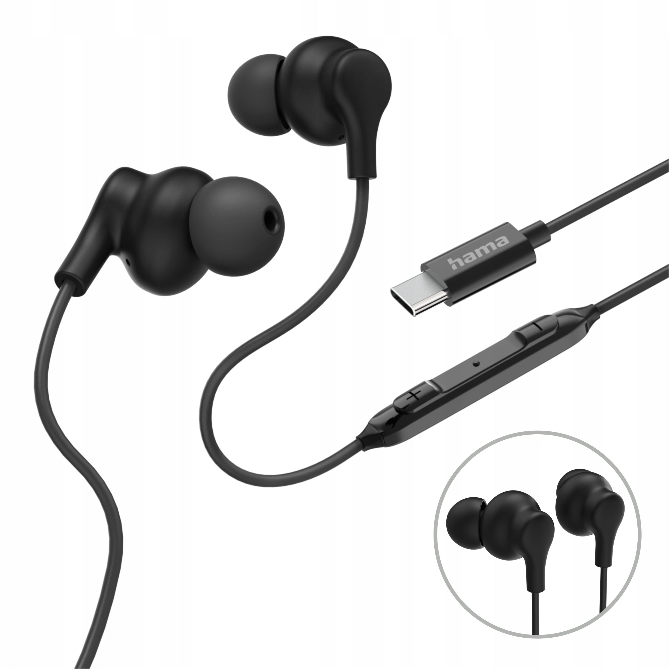 HAMA EARBUDS CURLY WIRED USB-C NEW BLACK REMOTE CONTROL MICROPHONE