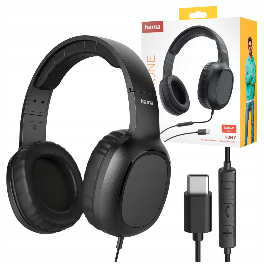 HAMA ON-EAR HEADPHONES FUN WIRED WITH MICROPHONE BLACK USB C