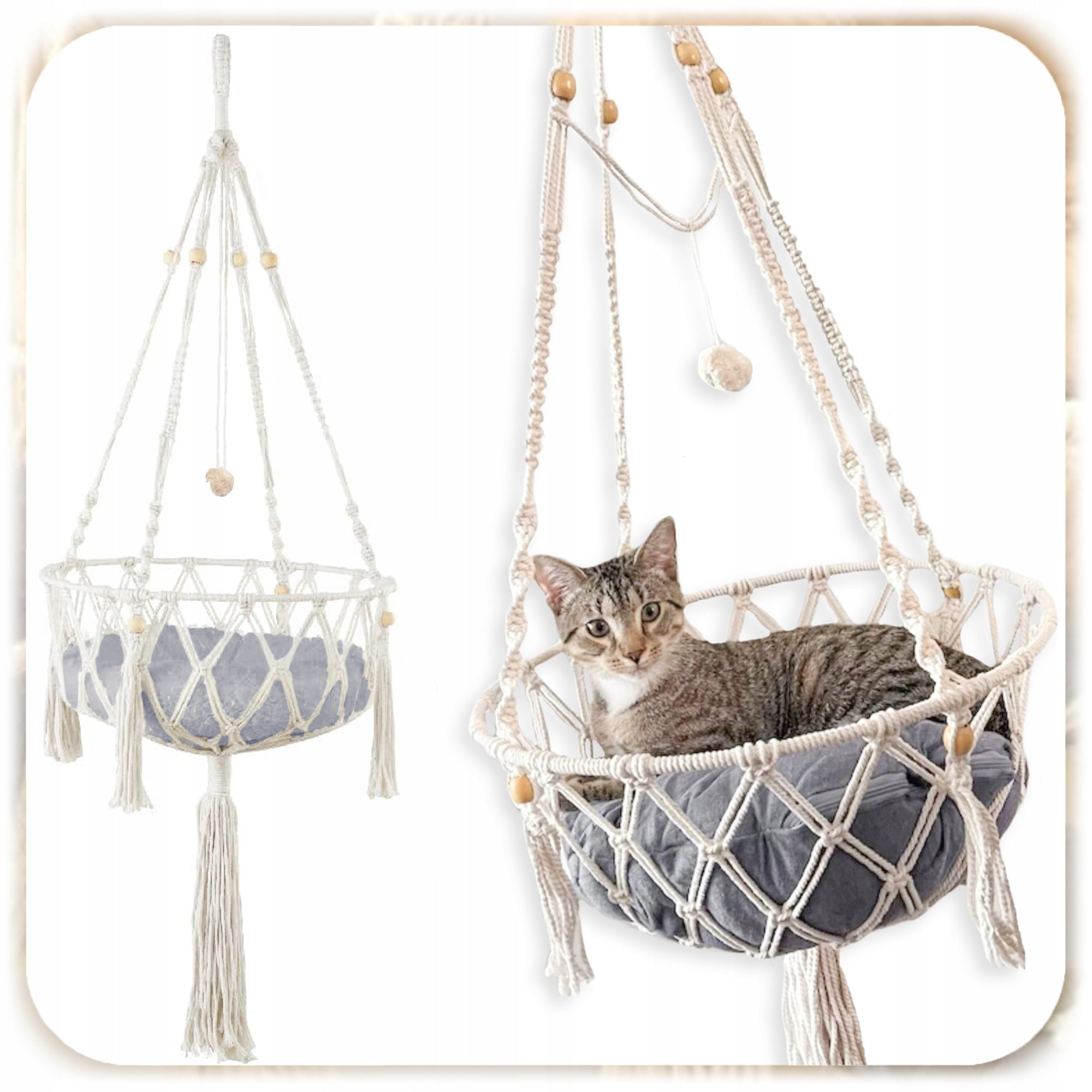 HAMMOCK CAT BED BOHO MACRAME HANGING UNDER THE CEILING 40x40CM + PILLOW Packaging status original