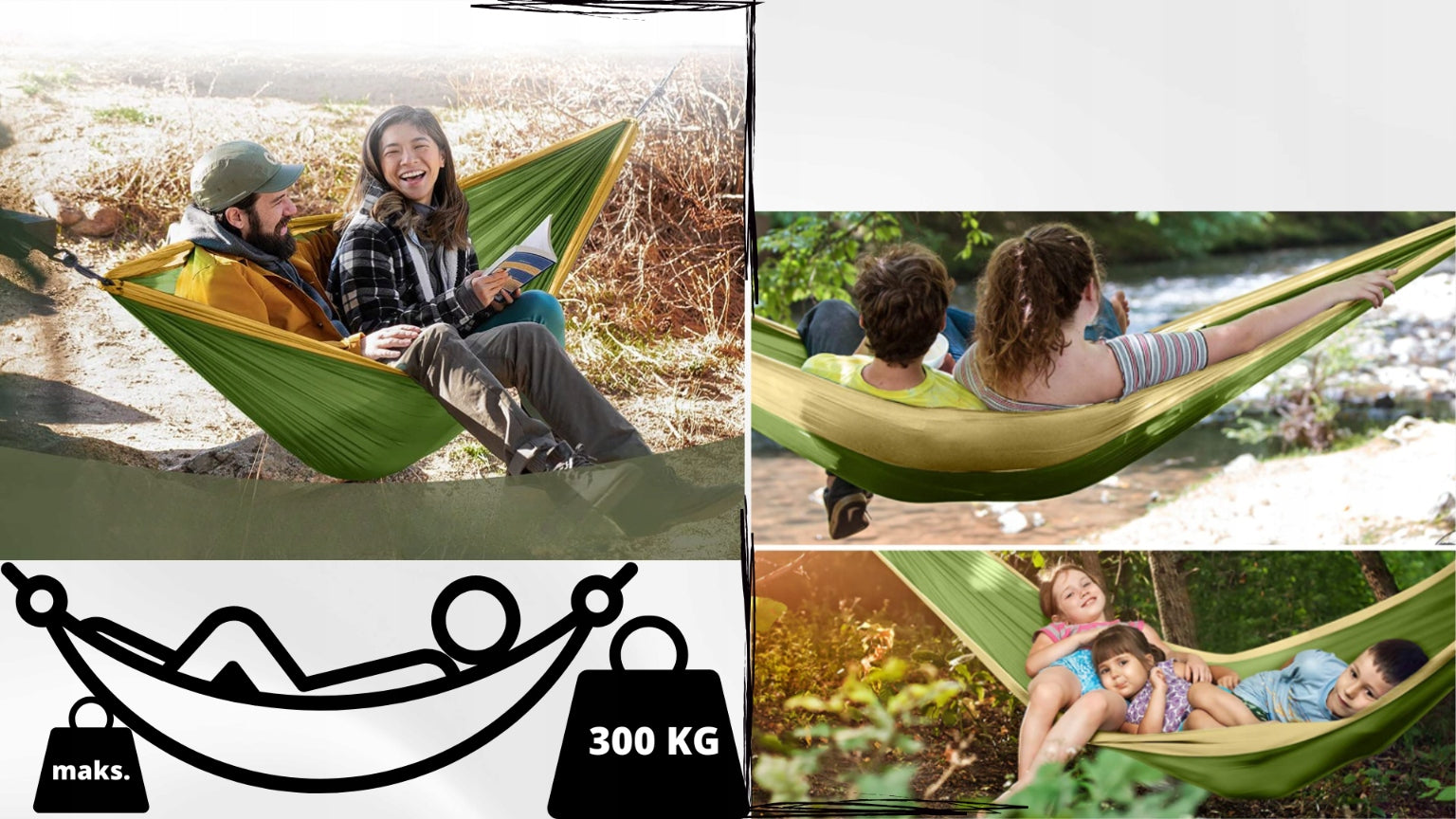 HAMMOCK SWING 2-PERSON 300x200 LARGE 300KG XXL LIGHT STRONG QUICK INSTALLATION Total length 300 cm