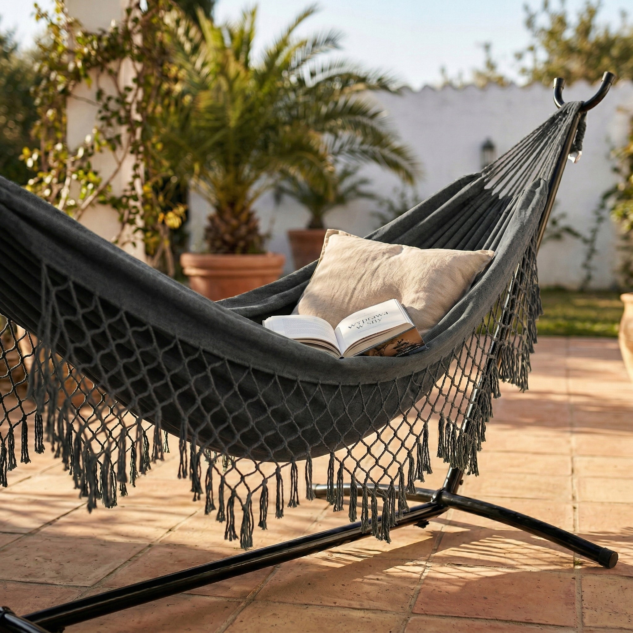 HAMMOCK WITH FRAME TWO-PERSON GARDEN HAMMOCK FRAME STAND XXL STRONG LARGE Manufacturer code STH-01-06 STELAŻ + HAMAK OGRODOWY SZARY