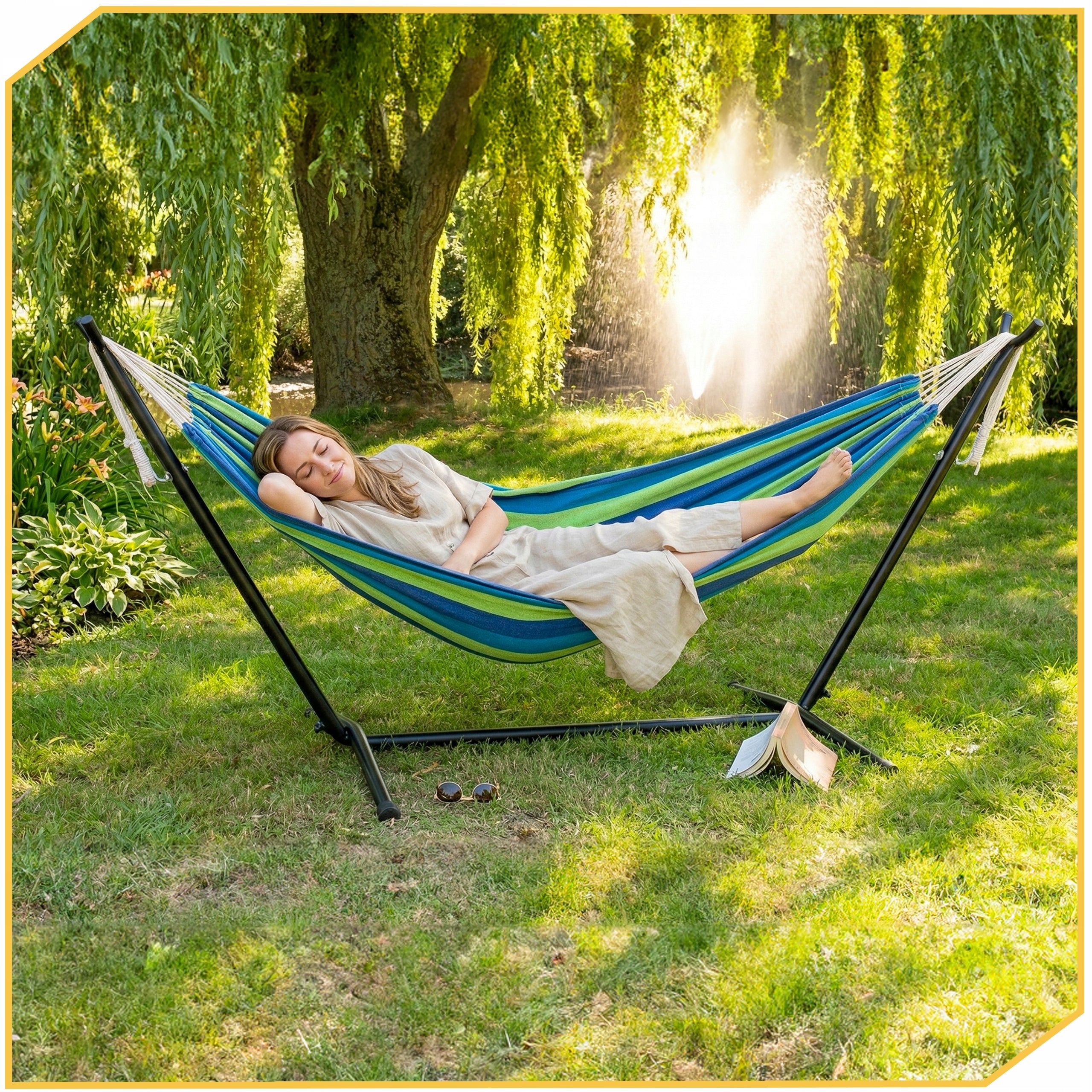 HAMMOCK WITH FRAME WE ADJUST THE GARDEN DOUBLE STAND STEEL COVER Model Regulowny stelaz na hamak ze stelazem metalowym