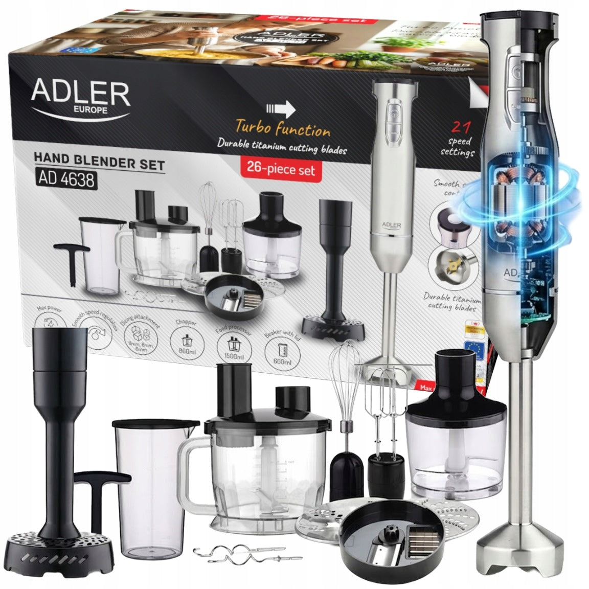 HAND BLENDER 1800W FOOD PROCESSOR MIXER SET 26 TITANIUM COMPONENTS