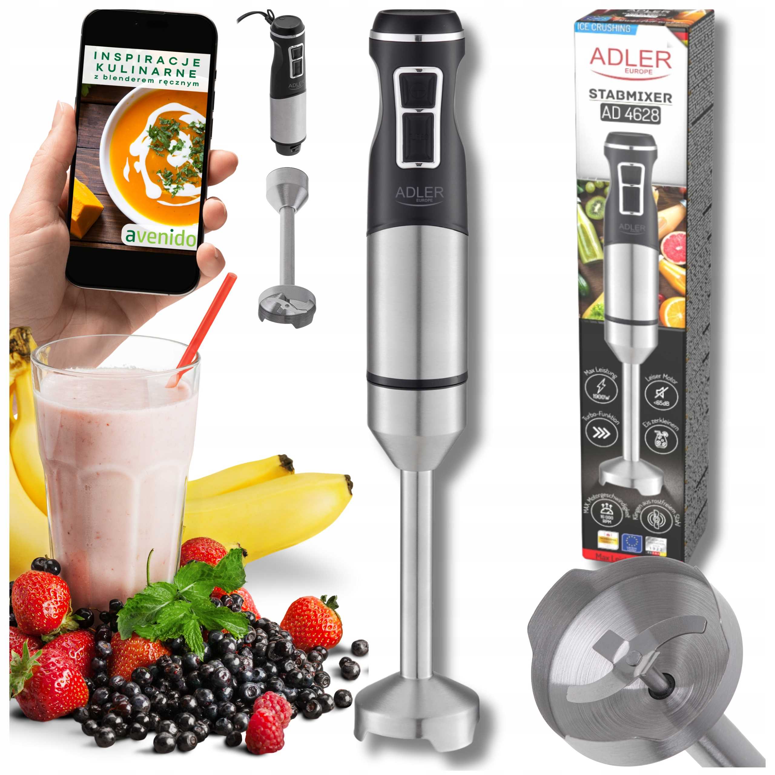 HAND BLENDER 1800W POWERFUL SMOOTH ADJUSTMENT 21 SPEED BPA FREE Titanium Packaging status original