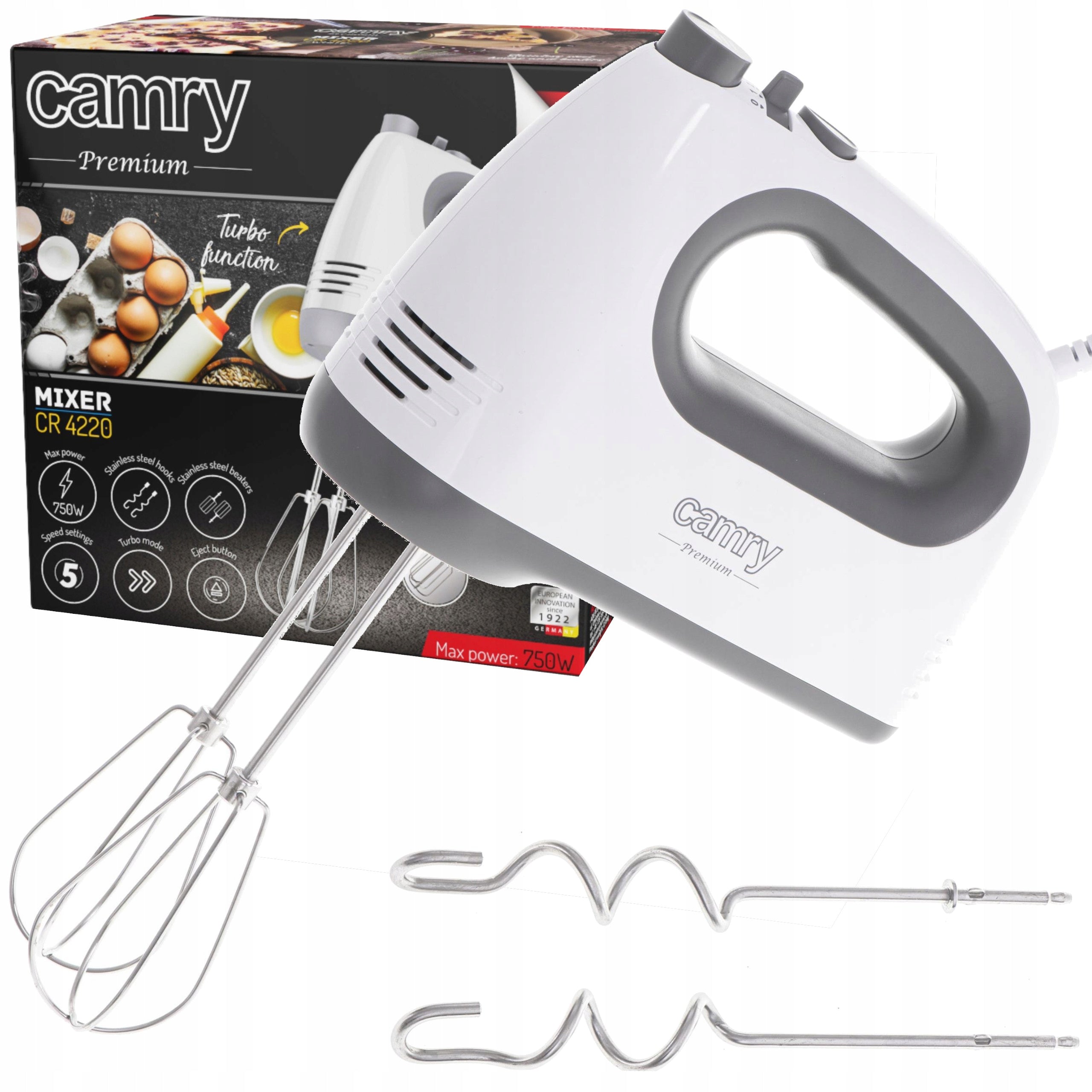 HAND MIXER 750W 5 GEAR TURBO Food Processor 4 Stirrers Long 21cm