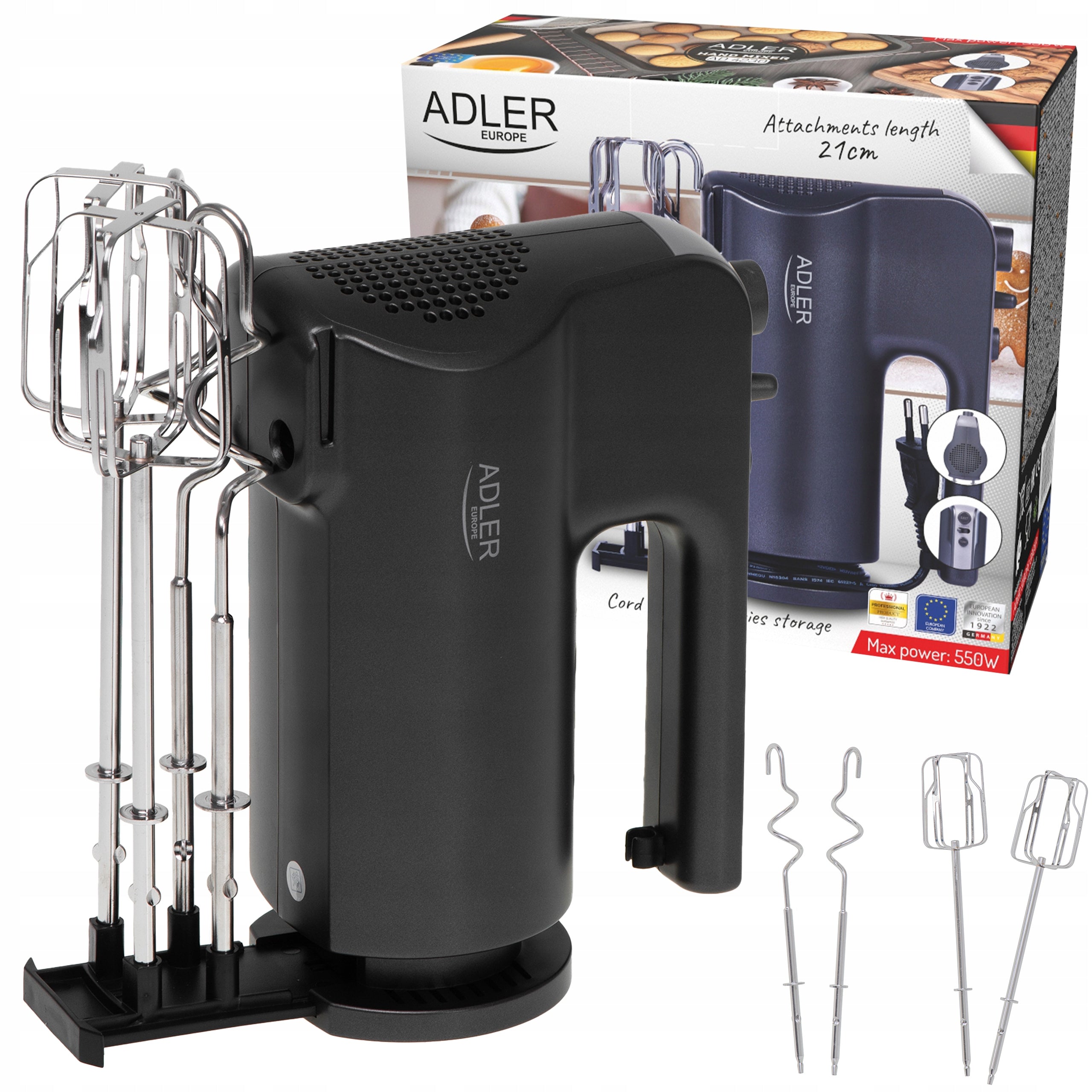 HAND MIXER FOOD PROCESSOR 5 GEARS 4 STIRRERS TURBO POWER 550W TRAY Power rating 550 W