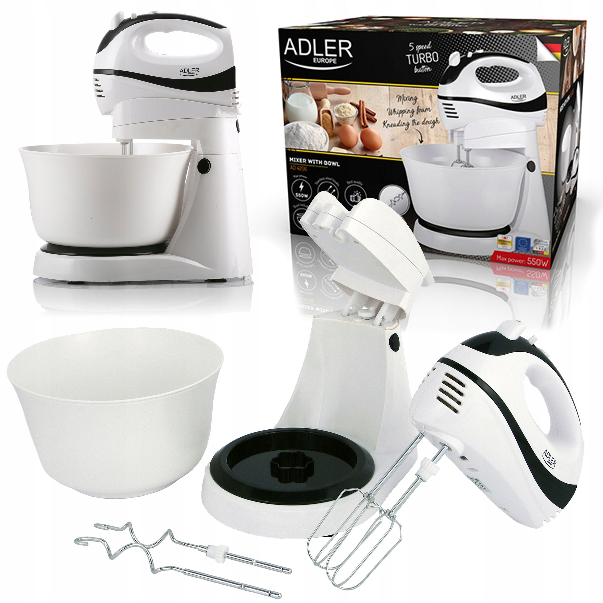 HAND MIXER FOOD PROCESSOR WITH ROTATING BOWL 3L 550W 5 SPEEDS 2 TIPS