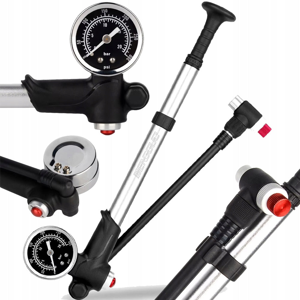 HAND PUMP FOR SHOCK ABSORBERS 300PSI ALUMINUM + DAMPER PRESSURE GAUGE HOLDER