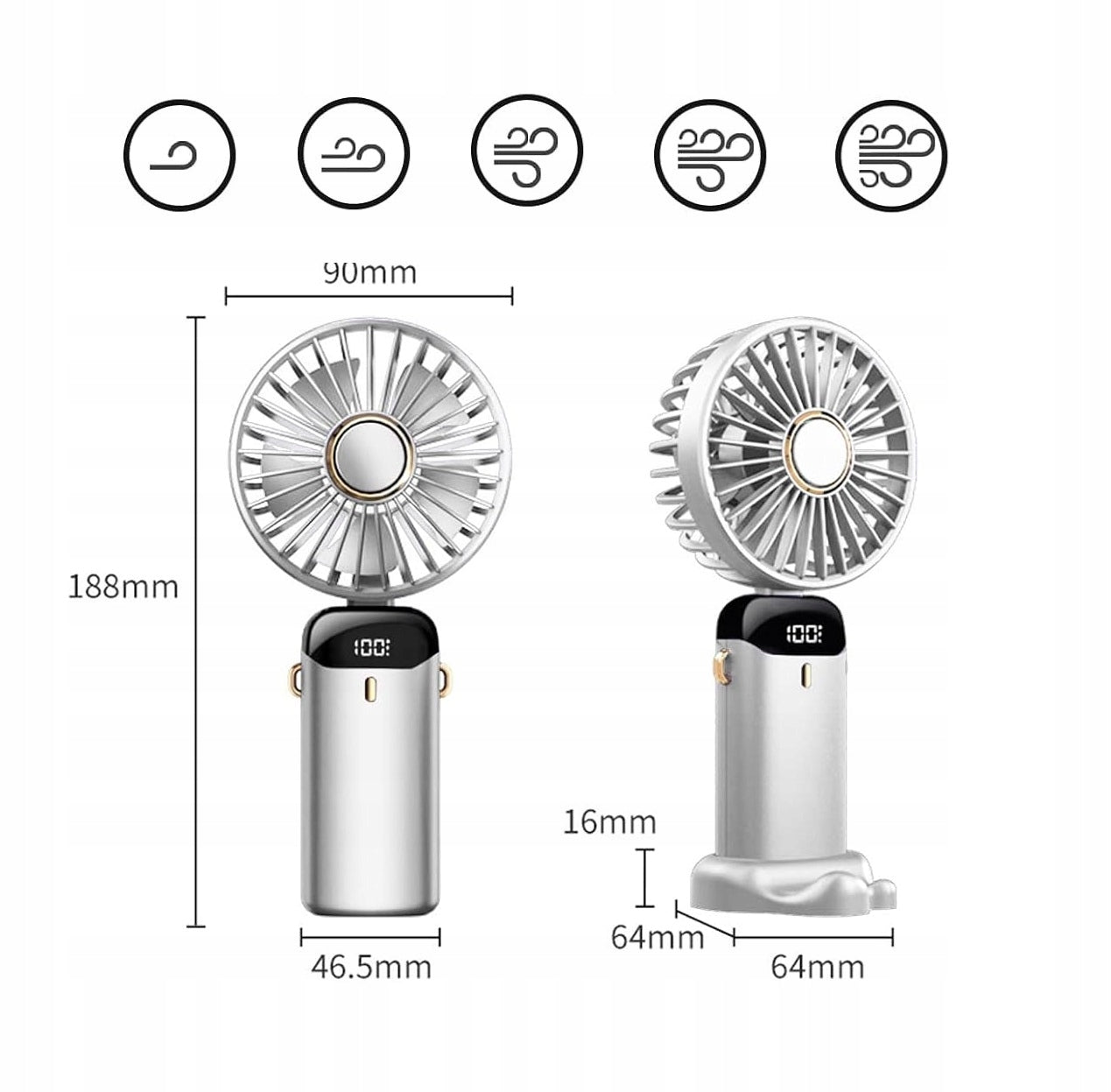HANDHELD PORTABLE FAN 5000MAH 5 GEARS FOLDABLE RECHARGEABLE TYPE-C Fan type mini
