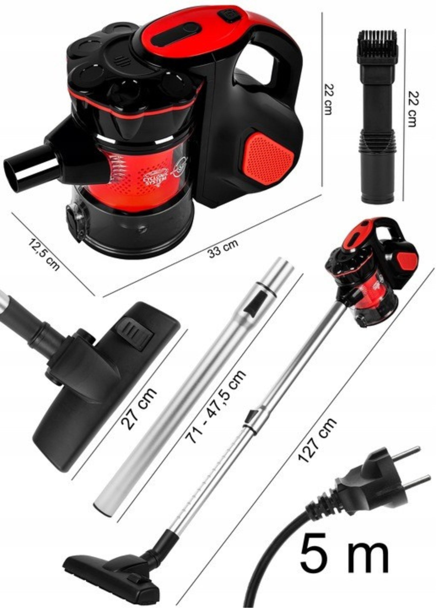 HANDHELD UPRIGHT CYCLONE BAGLESS VACUUM CLEANER 600W 5IN1 SMALL STRONG LIGHT Dust container volume 0.5 l
