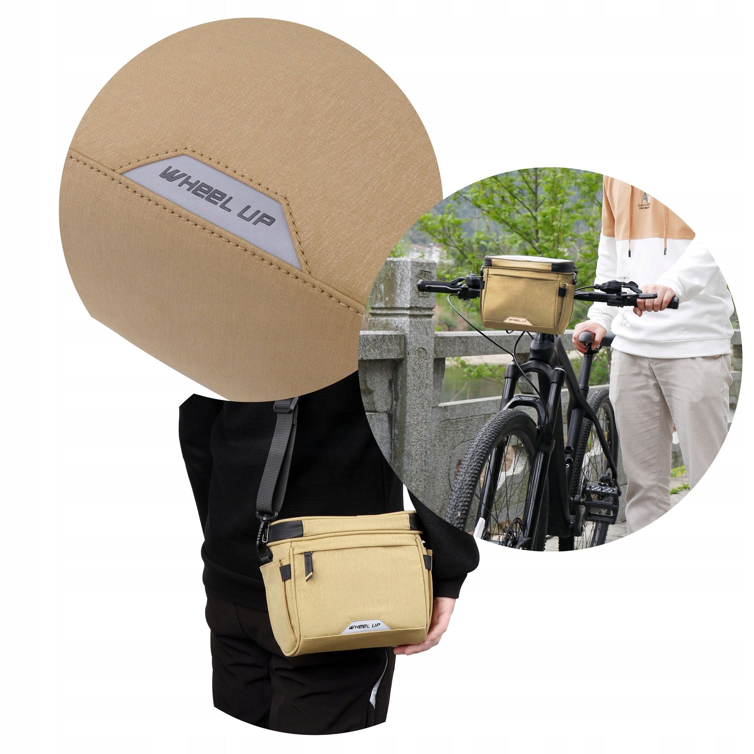 HANDLEBAR BAG BICYCLE POUCH FOR HANDLEBAR COVER PHONE CASE Model TORBA WHEEL-UP JASNOBRĄZOWA