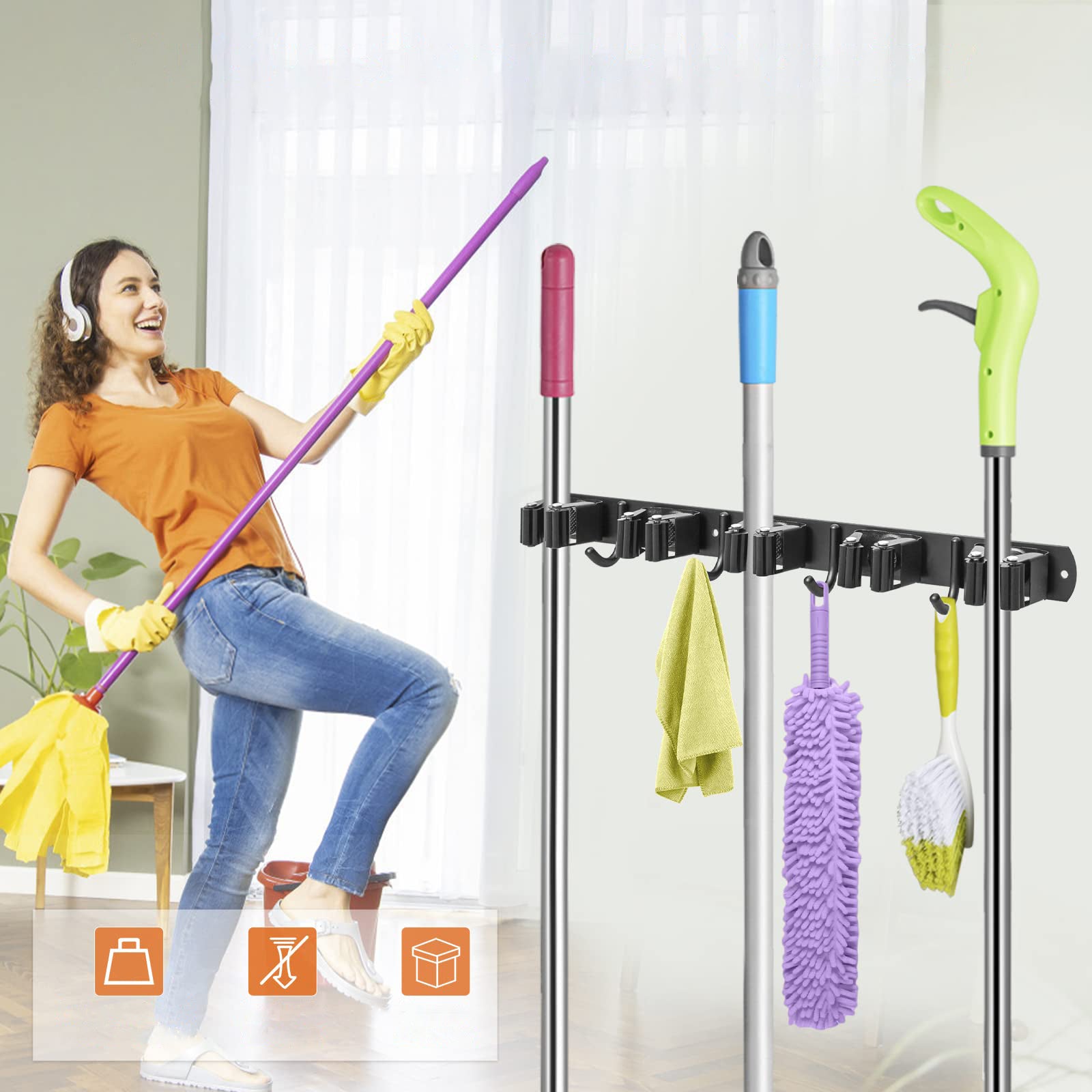 HANGER HOLDER 5 HANDLES 4 BROOM HOOKS TOOLS RAKE MOP Length 43 cm