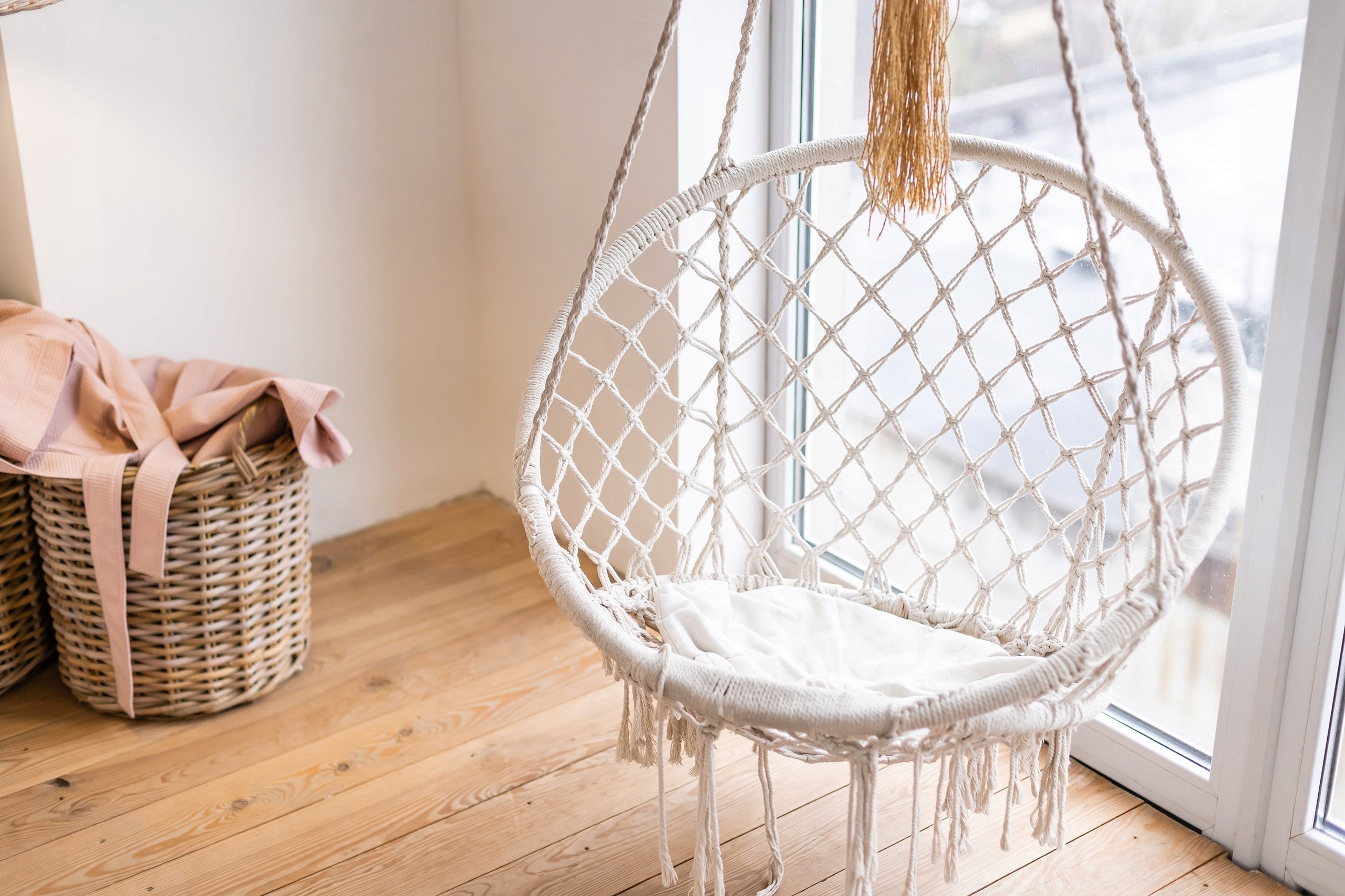 HANGING BOHO GARDEN SWING ARMCHAIR FOR HOME ON TERRACE STORK NEST ECRU Kid's age 3+ years