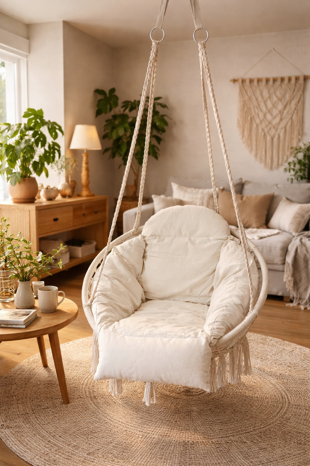 HANGING CHAIR WITH PILLOW STORK NEST GARDEN SWING XXL ECRU 150KG Line meble ogrodowe fotel krzesło wiszące