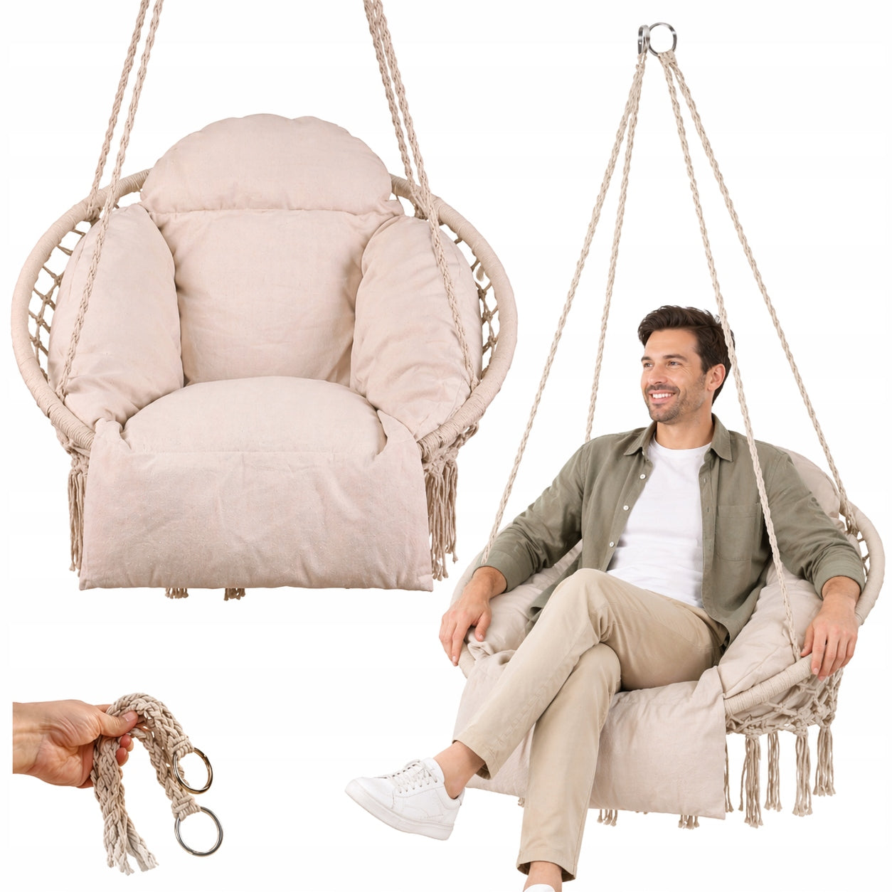 HANGING CHAIR WITH PILLOW STORK NEST GARDEN SWING XXL ECRU 150KG Packaging status original