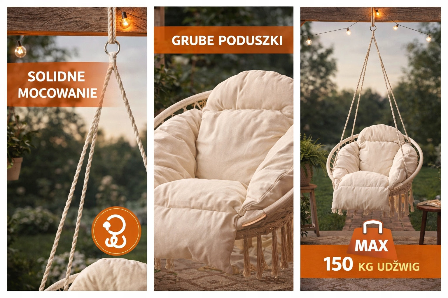 HANGING CHAIR WITH PILLOW STORK NEST GARDEN SWING XXL ECRU 150KG Seat length 62 cm