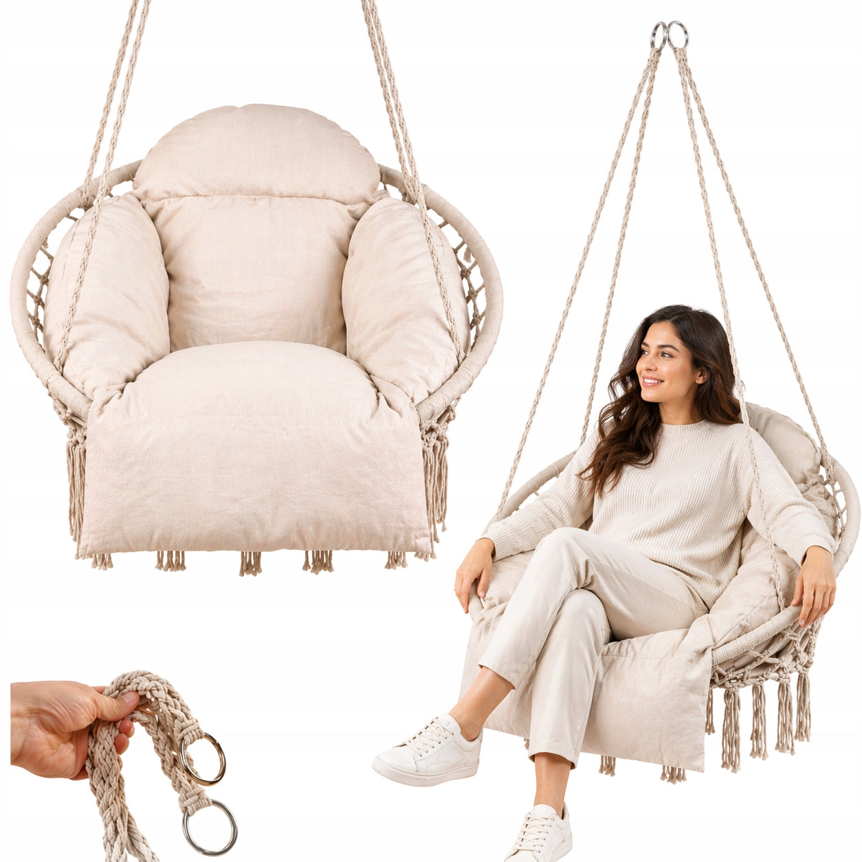 HANGING CHAIR WITH PILLOW STORK NEST GARDEN SWING XXL ECRU 150KG