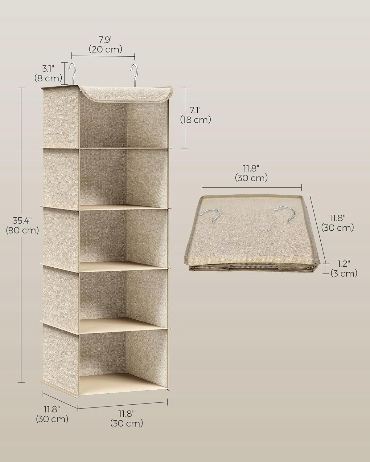 HANGING ORGANIZER FOLDING FOR CLOSET BOOKCASE CLOTHES MATERIAL BASKET 5 SHELVES Length 30 cm