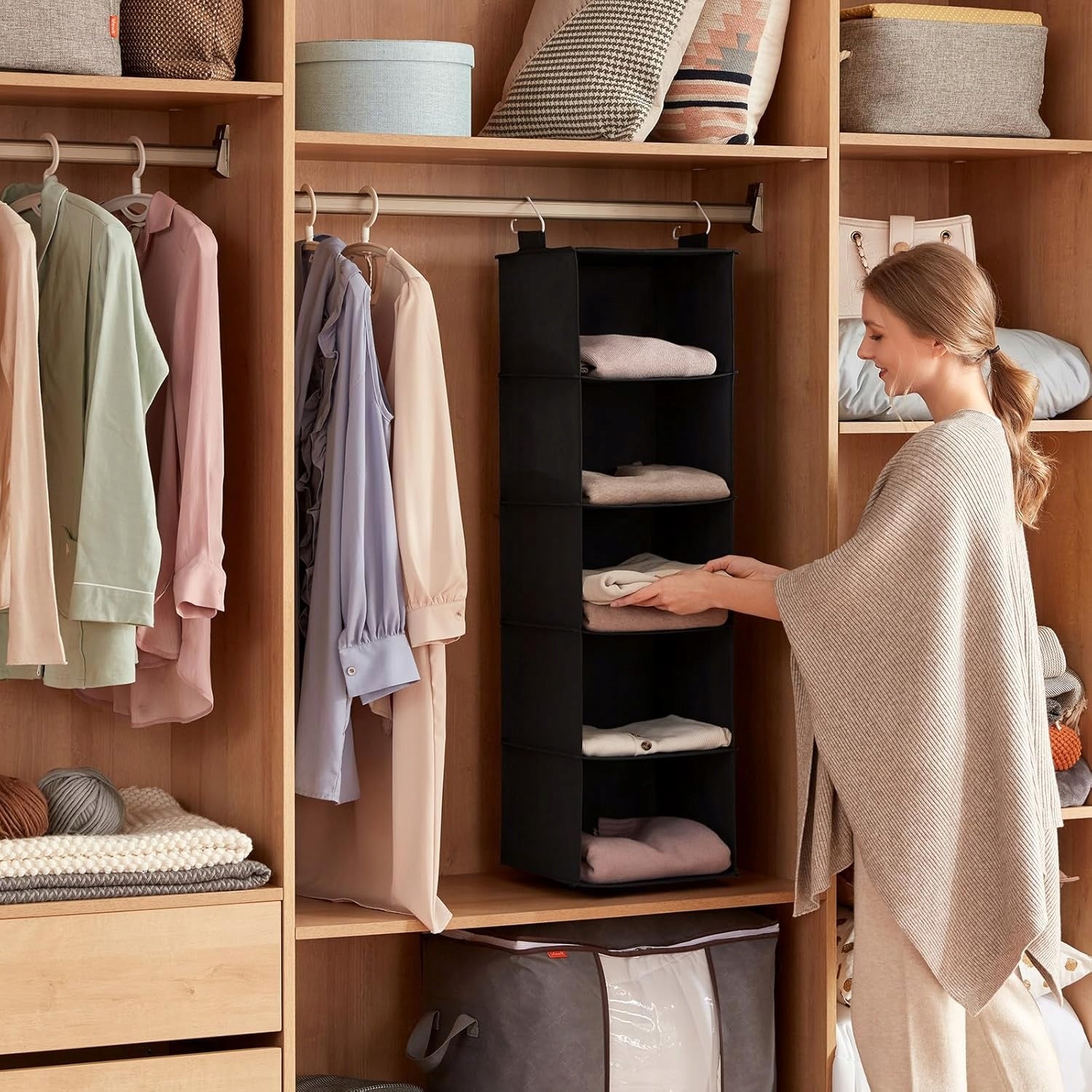 HANGING ORGANIZER FOLDING FOR CLOSET BOOKCASE CLOTHES MATERIAL BASKET 5 SHELVES Product width 30 cm