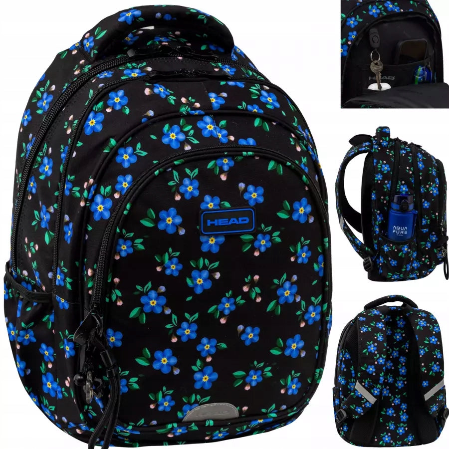 HEAD YOUTH SCHOOL BACKPACK FOR GIRLS BLACK WITH FLOWERS